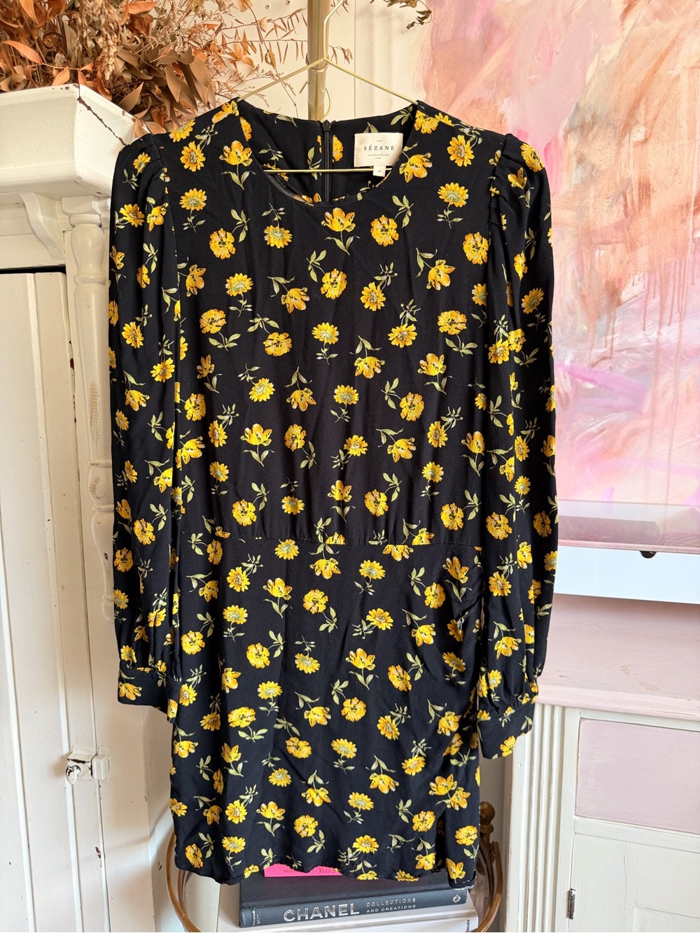 Sezane Black Floral Long-Sleeve Mini Dress - Yellow Floral